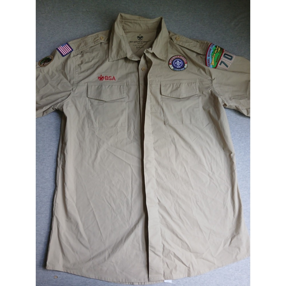 Boy Scouts Of America Shirt Mens BSA Vented Woven Modern Patches Outdoor